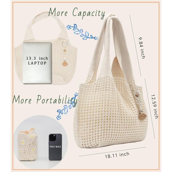 L-beige Crochet Tote Bag Summer Beach Elegant Knit Shoulder Bag with Macrame Hat - Picture 2 of 6